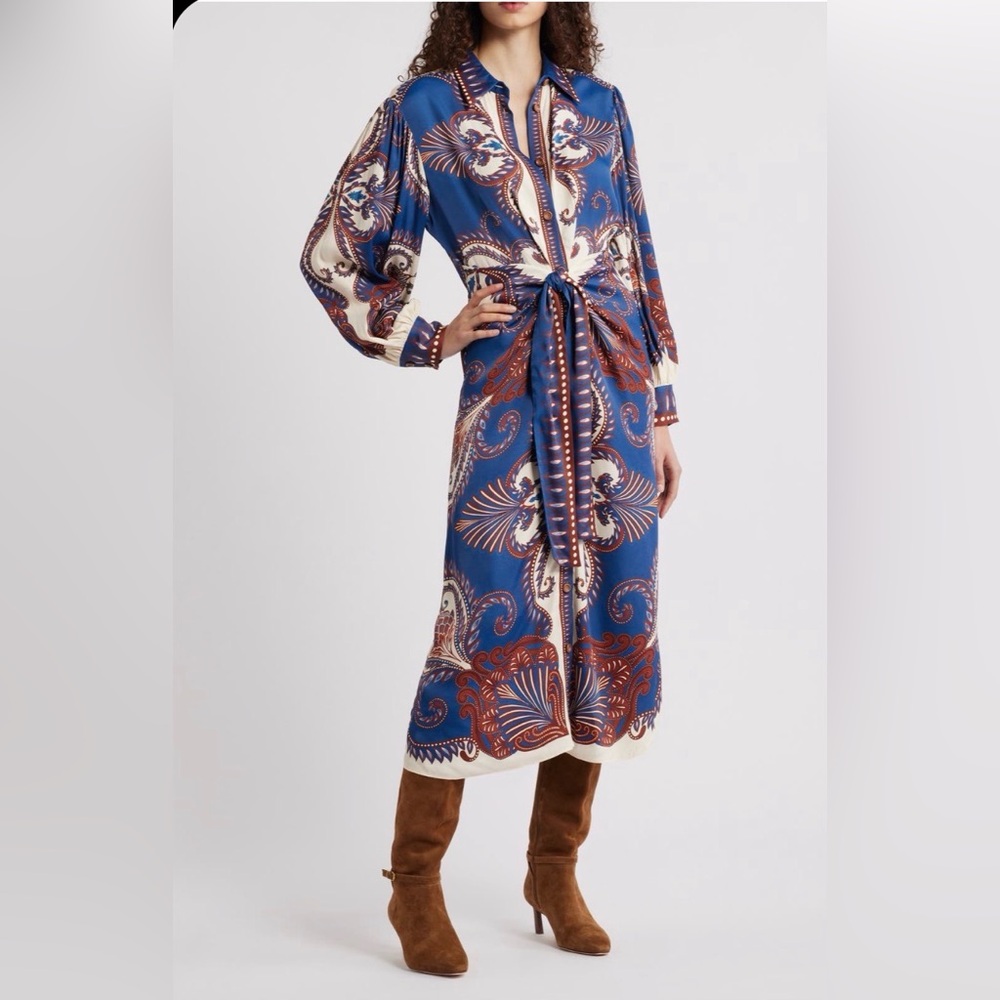 FARM Rio Vibrant Blue Patterned Midi Dress EUC